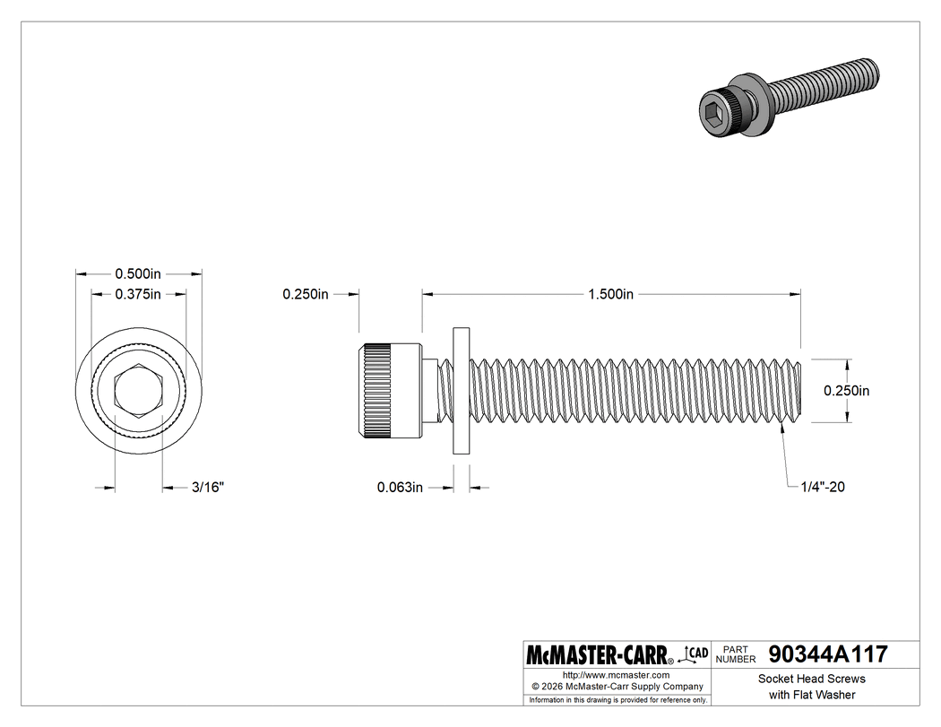 Technical Drawing of Socket Head Screw with Flat Washer, Black-Oxide Alloy Steel, 1/4"-20 Thread Size, 1-1/2" Long.